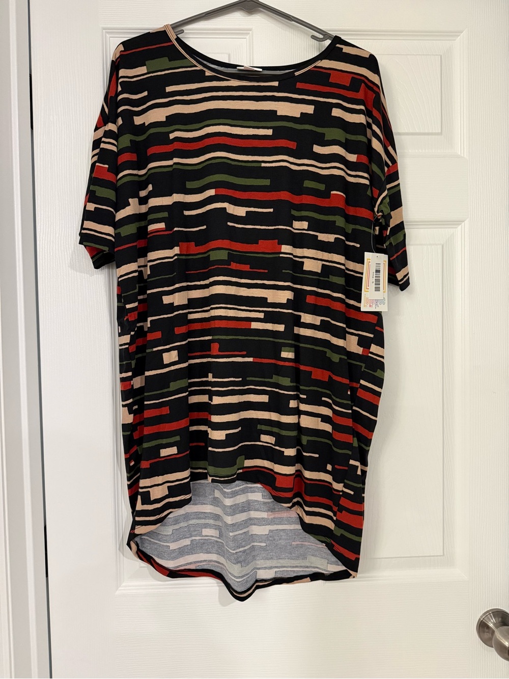 Lularoe Irma Women's Black Striped Short Sleeve Tunic with Red & Olive Accents